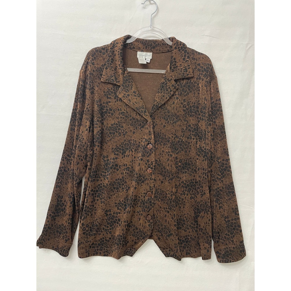 Coldwater Creek Cardigan Top 2X Brown Abstract Print Button Stretch Slinky Knit